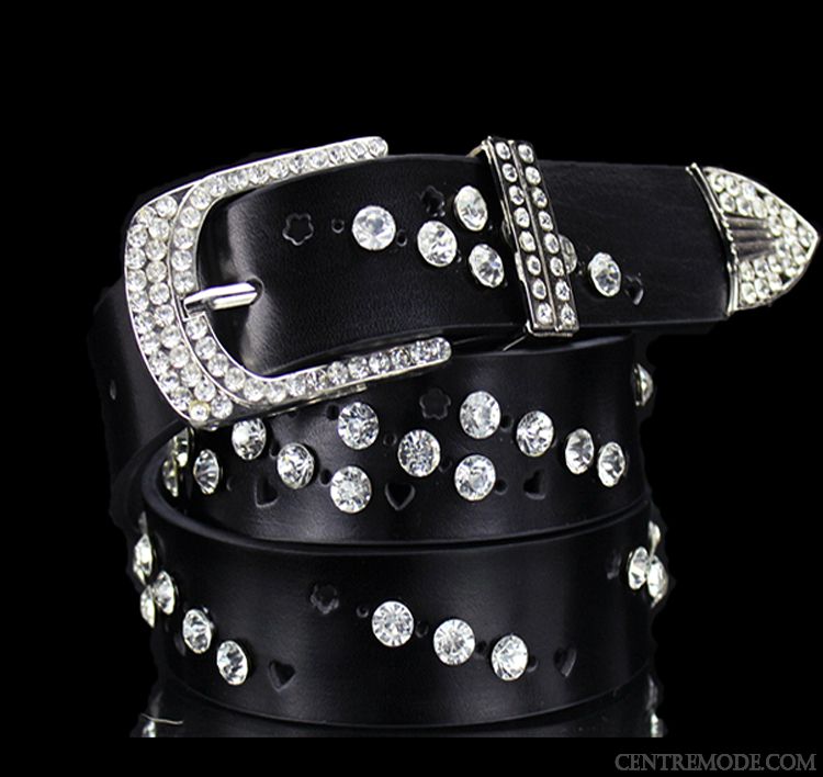 Ceinture Femme Cuir Véritable Boucle Décoration Jeans Pierres De Strass Mode Bleu