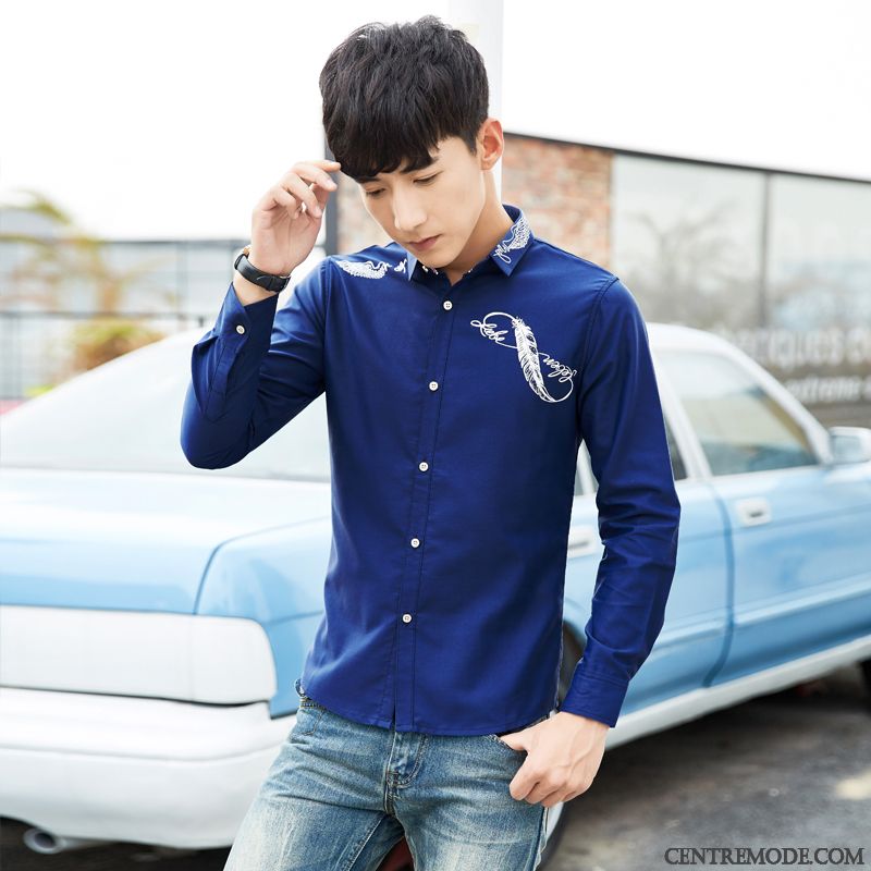 Chemises Homme Hiver Longues Jeunesse Mode Printemps L'automne Impression Bleu