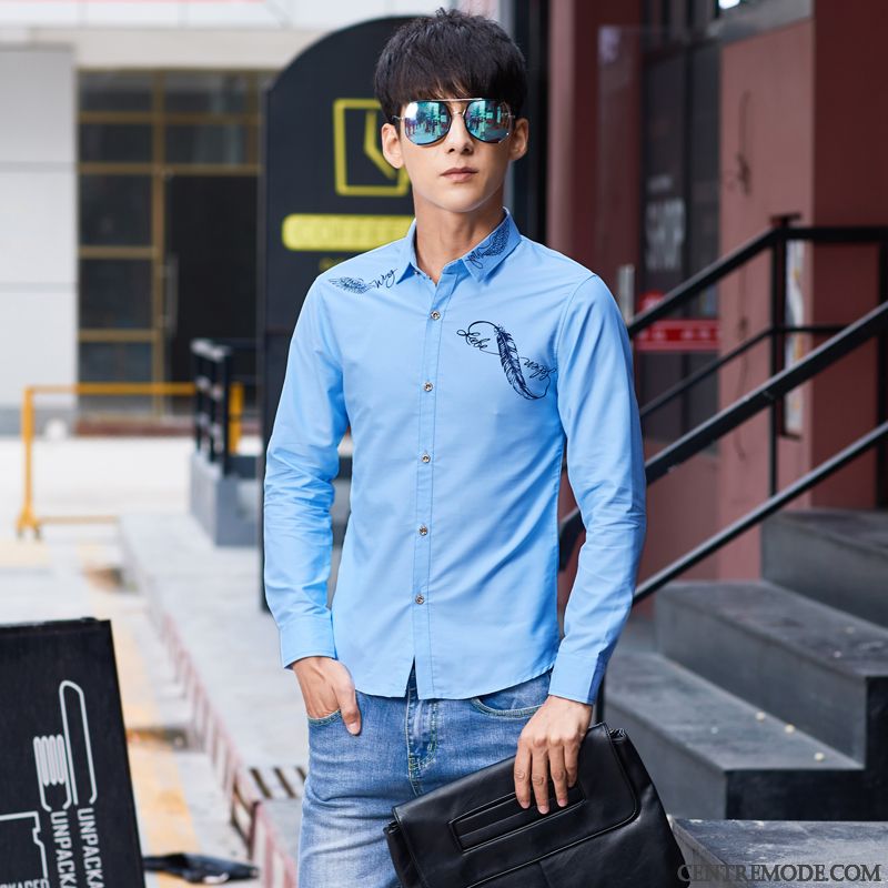 Chemises Homme Hiver Longues Jeunesse Mode Printemps L'automne Impression Bleu