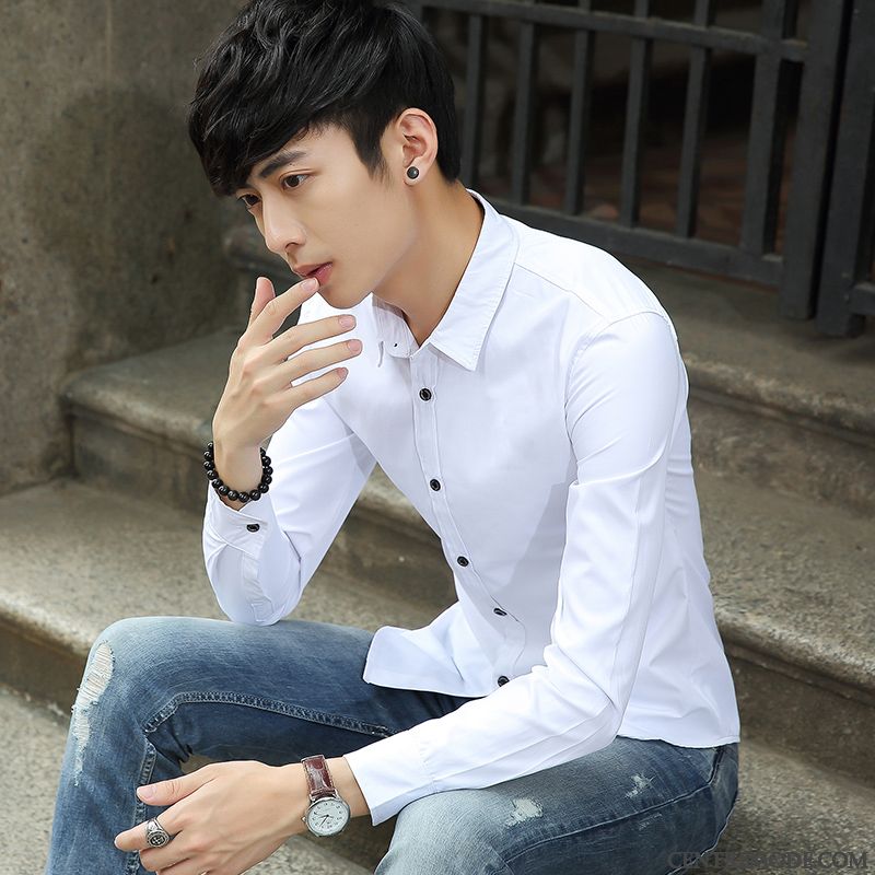 Chemises Homme Jeunesse Légère De Travail Slim Longues Décontractée Blanc