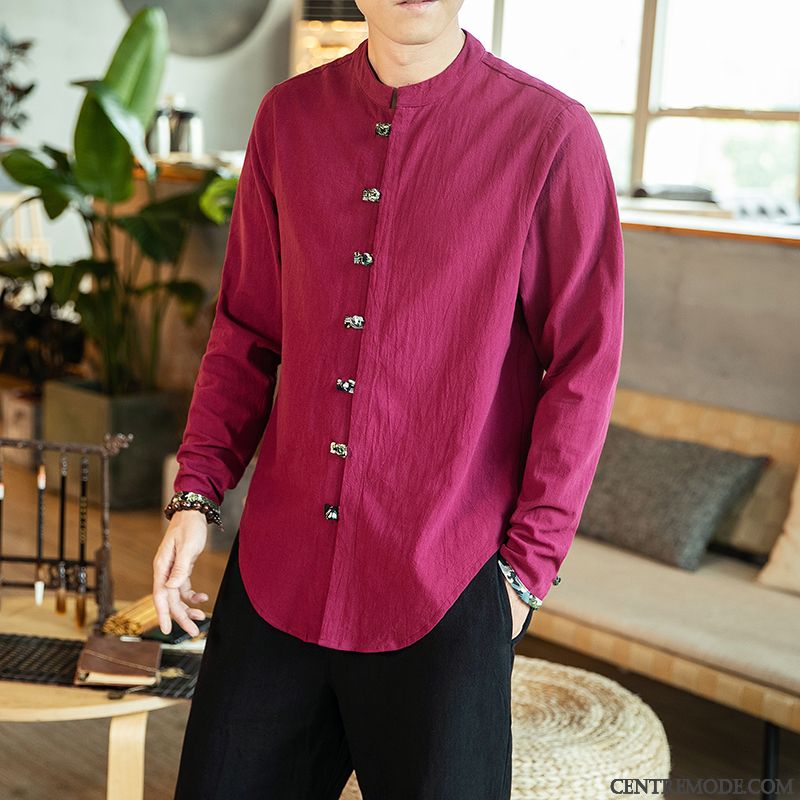 Chemises Homme Une Veste Chemise En Bas Style Chinois Longues Marque De Tendance Décontractée Noir