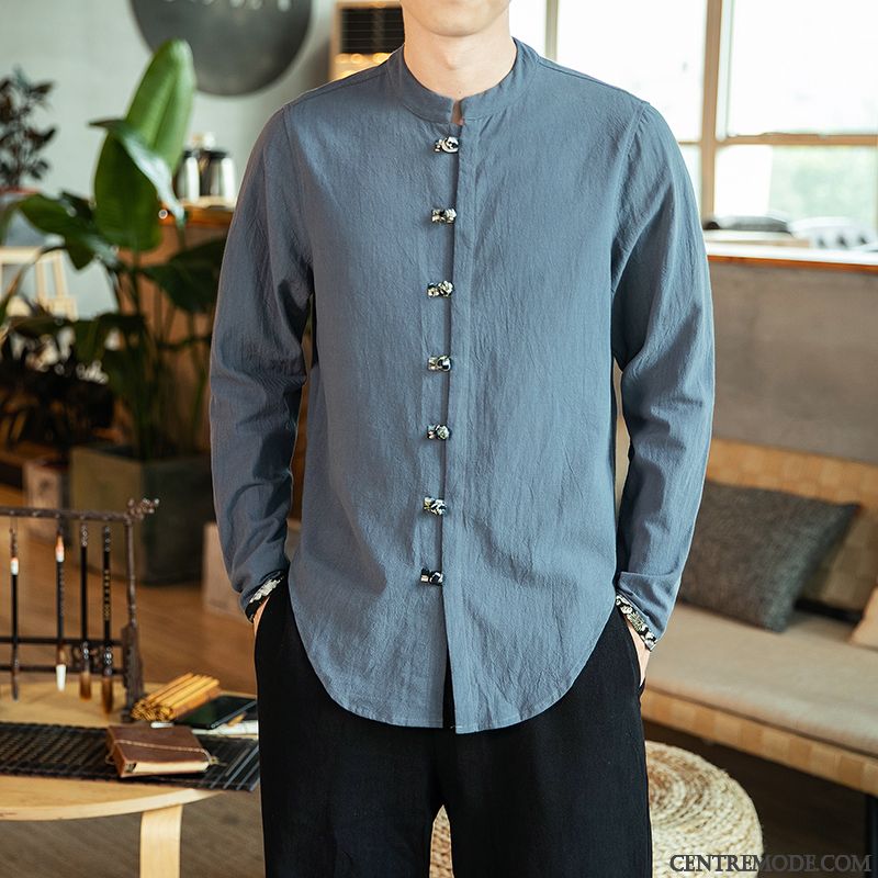 Chemises Homme Une Veste Chemise En Bas Style Chinois Longues Marque De Tendance Décontractée Noir