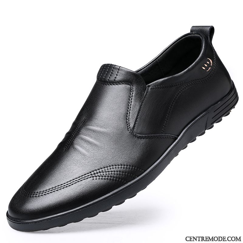 Derbies Homme Respirant Conduire Chaussures En Cuir Slip-on Plates Simple Noir