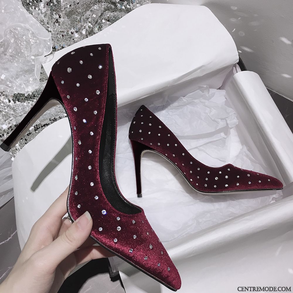 Escarpins Femme Derbies Imitation Strass Chaussures De Mariage Minces Noir Rouge Clair