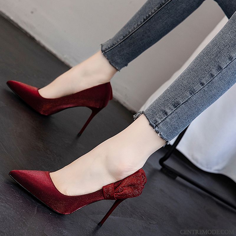 Escarpins Femme Derbies Soie Sexy Pointe Pointue Chaussures De Mariage Minces Rouge