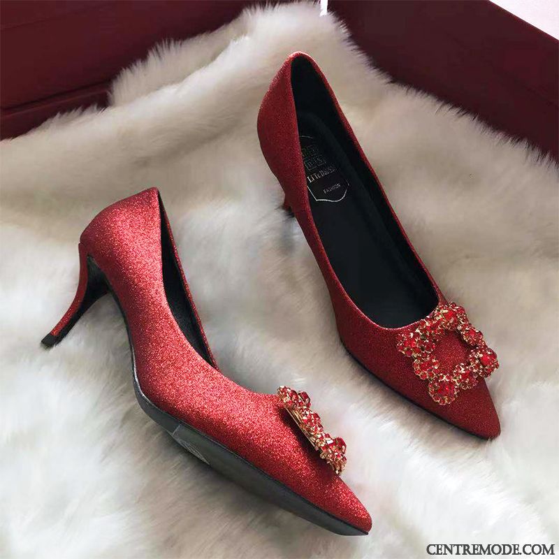 Escarpins Femme Pointe Pointue Derbies Chaussures De Mariage Imitation Strass Minces Rouge Argent Clair