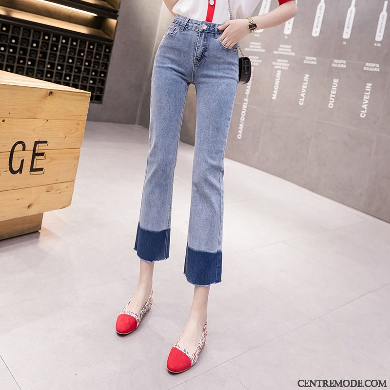 Jeans Femme Collants Haute Cintrée Jambe Droite Mode Printemps Décontractée Couleur De Contraste Bleu