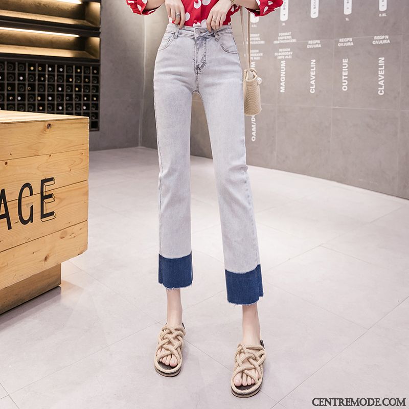 Jeans Femme Collants Haute Cintrée Jambe Droite Mode Printemps Décontractée Couleur De Contraste Bleu