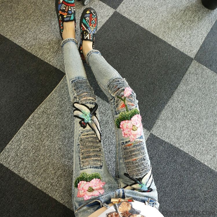 Jeans Femme Denim Plus De Velours Pantalon Troués Hiver Fleur Gris