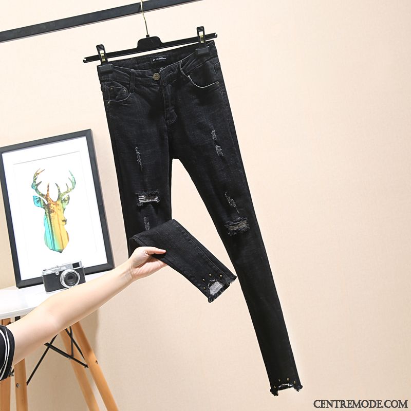 Jeans Femme Des Trous Mince Moulant Collants Hiver L'automne Noir Gris