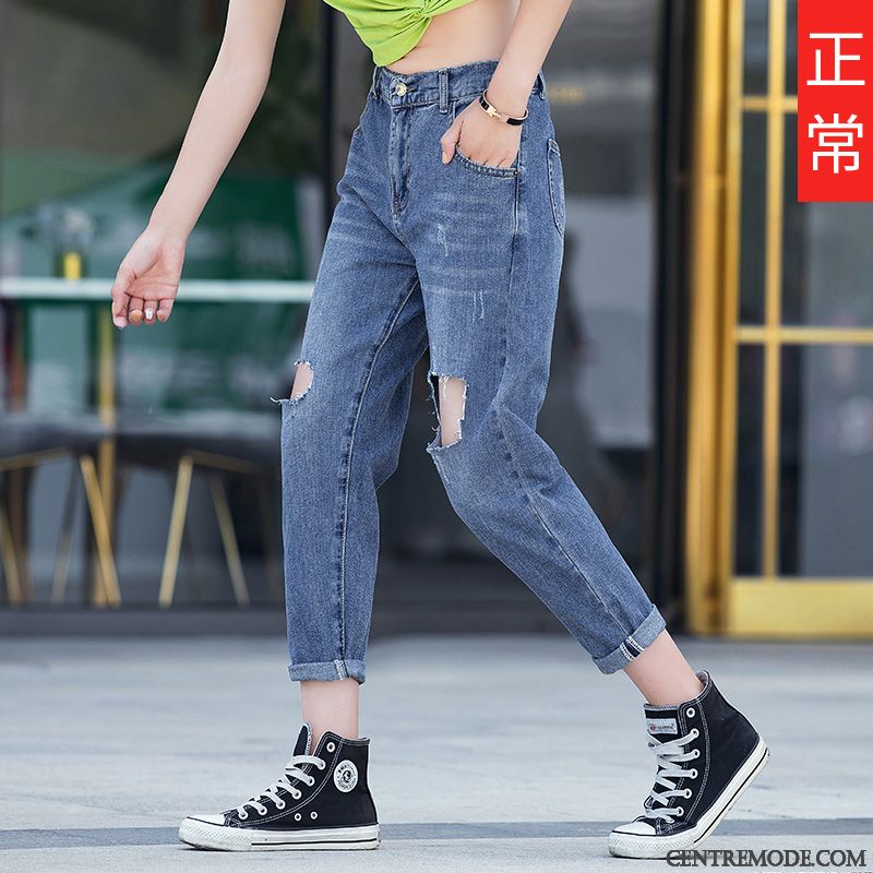 Jeans Femme Haute Cintrée Mince Légère Jambe Droite Grande Taille Été Bleu