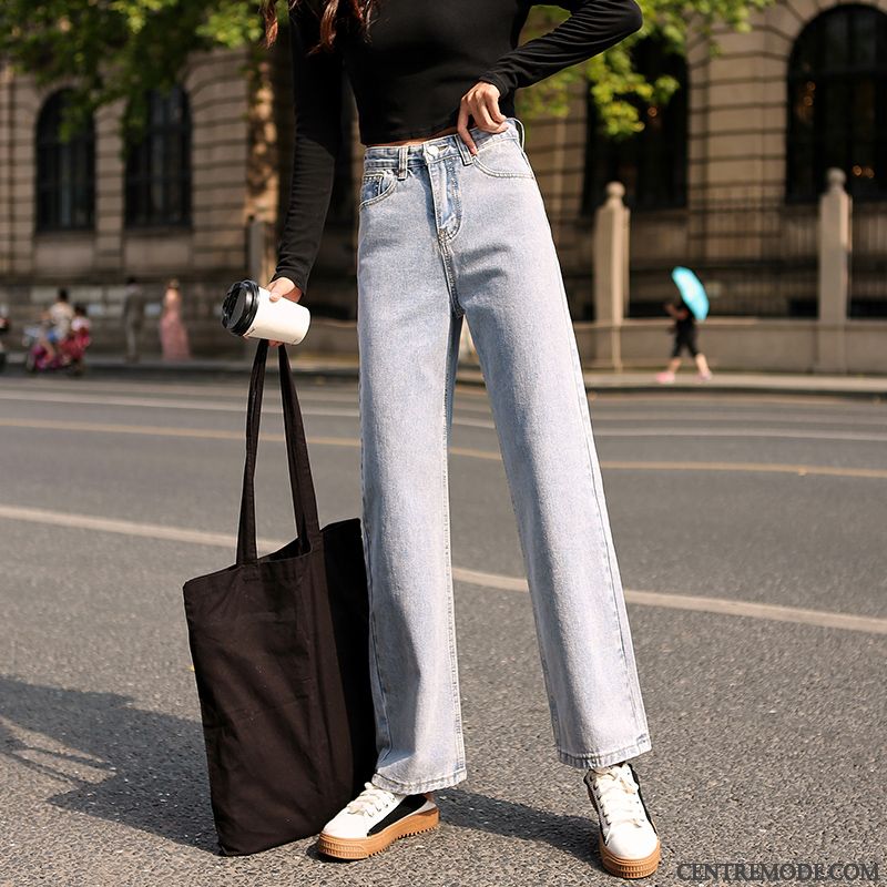 Jeans Femme Haute Cintrée Pantalon Jambe Droite Printemps Longue Bleu Marin Foncé