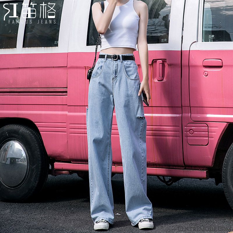 Jeans Femme Haute Cintrée Été Troués Pantalon Jambe Droite Mince Bleu