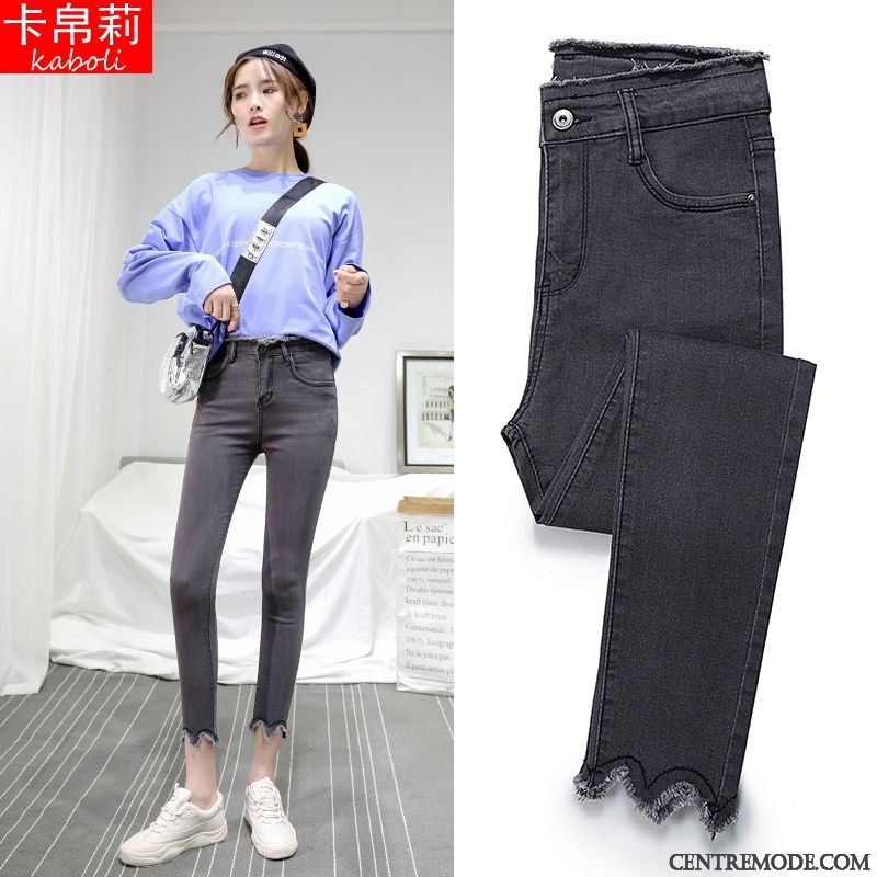 Jeans Femme Hiver Légèrement Pompon Haute Cintrée Printemps Mince Noir