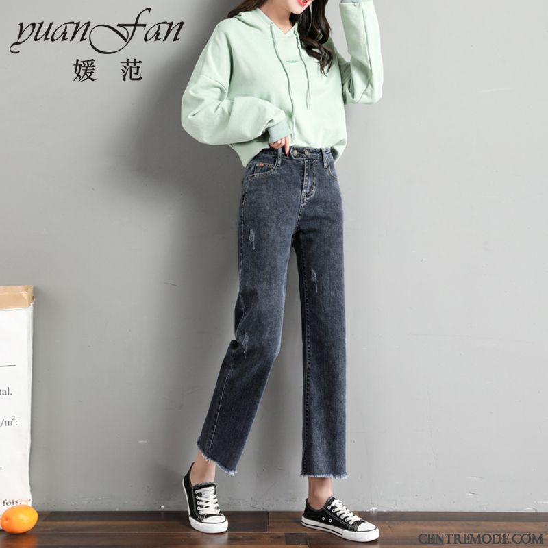 Jeans Femme Mince Printemps Pantalon Haute Cintrée Baggy Jambe Droite Bleu