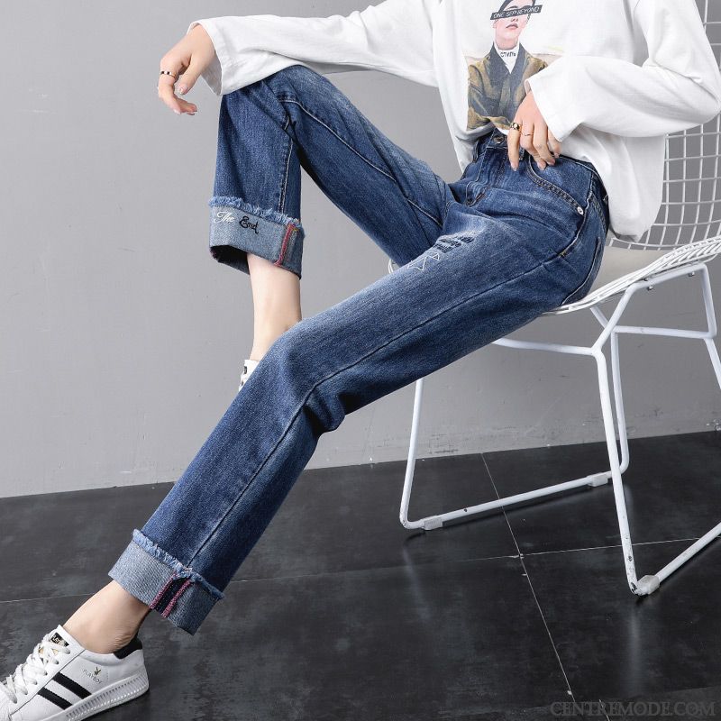 Jeans Femme Printemps Baggy L'automne Haute Cintrée Jambe Droite Étudiant Bleu Marin