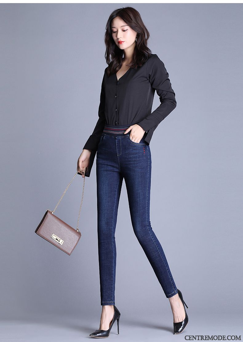 Jeans Femme Élastique Longue Extensible Pantalon Haute Cintrée Pantalon Crayon Bleu Marin