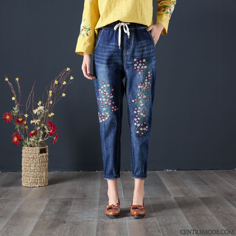Jeans Femme Épaissir Broderie Plus De Velours Grande Taille Baggy Pantalon