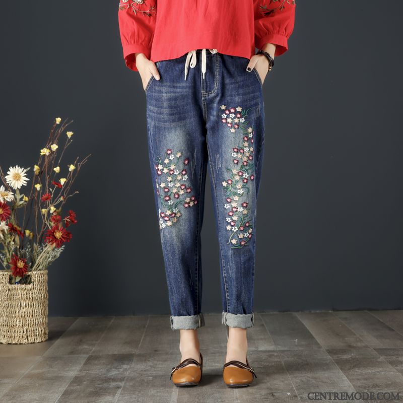 Jeans Femme Épaissir Broderie Plus De Velours Grande Taille Baggy Pantalon