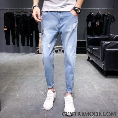 Jeans Homme Collants Maigre Tendance Troués Slim Bleu