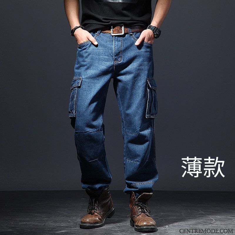 Jeans Homme Jambe Droite Baggy Multi-poche Gras De Plein Air Grande Taille Bleu