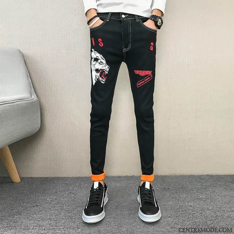 Jeans Homme L'automne Épaissir Slim Pantalons Plus De Velours Chauds Noir