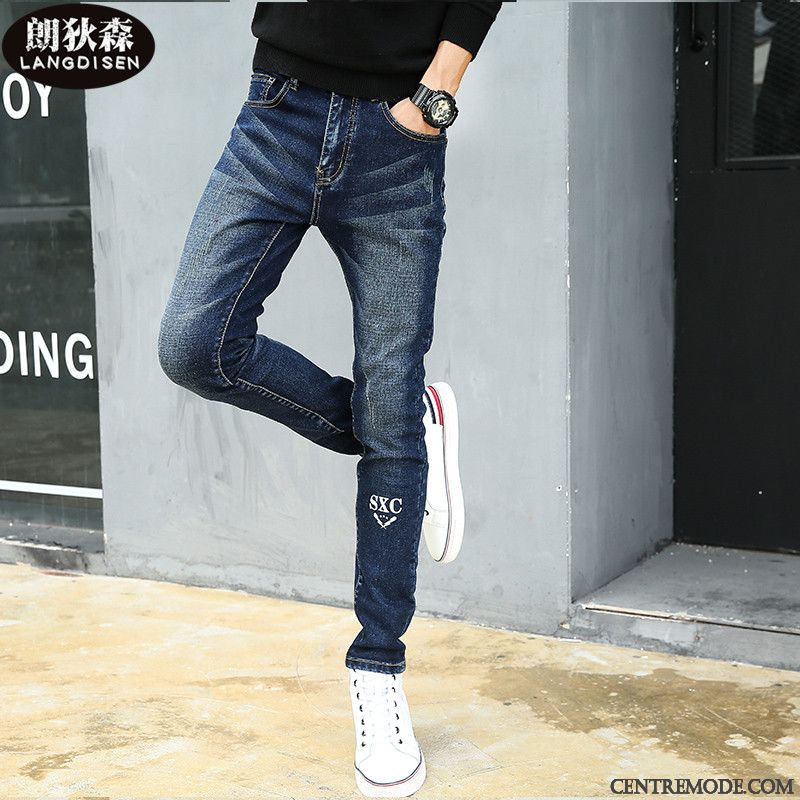 Jeans Homme Pantalon Imprimé Elastique Jeunesse Tendance Bleu