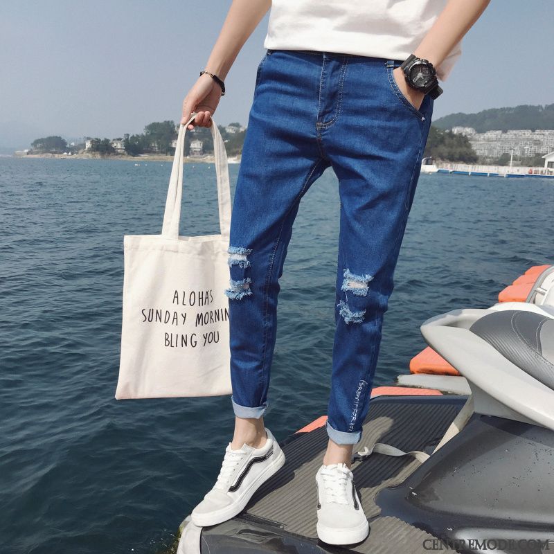 Jeans Homme Slim Des Trous Dans Les Jeans Marque De Tendance Collants Été Pantalon Bleu