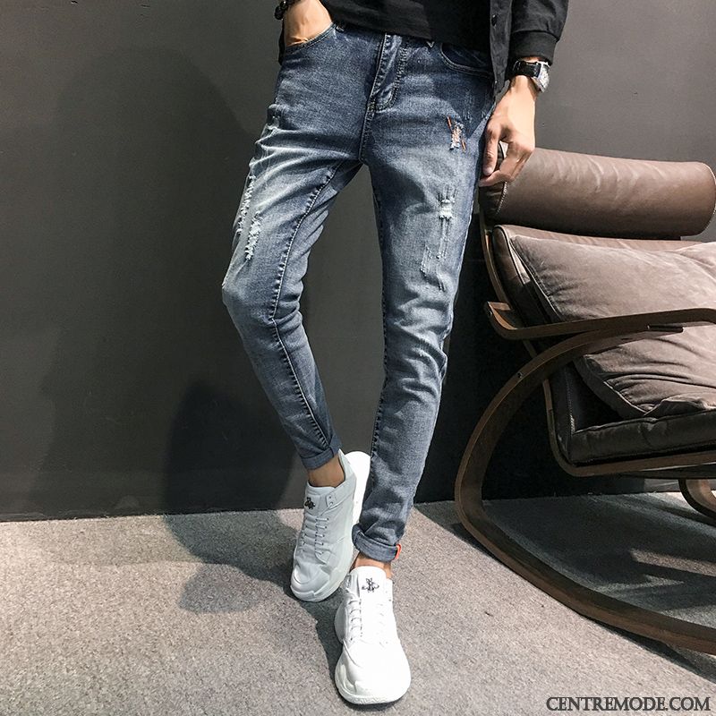 Jeans Homme Slim Extensible Broderie Rétro Tendance Troués Noir