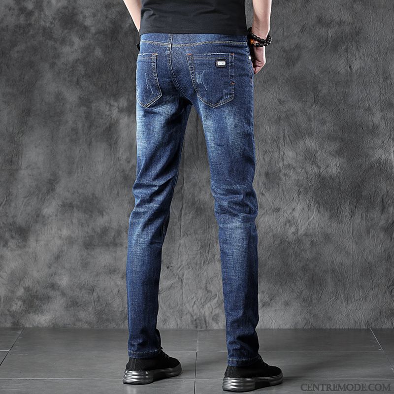 Jeans Homme Slim Pantalon Jeunesse Extensible Printemps Tendance Bleu