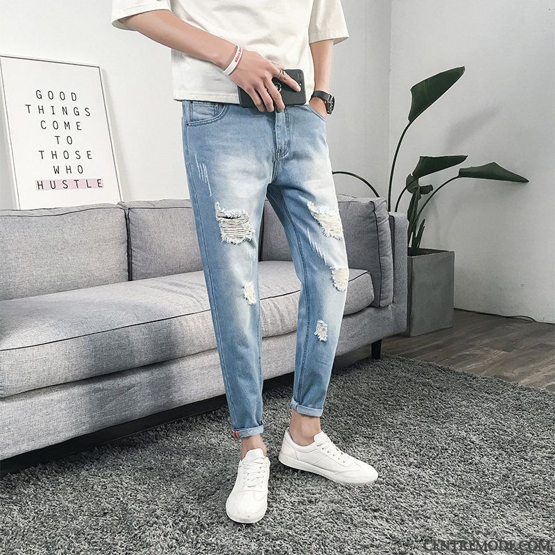 Jeans Homme Slim Troués Légère Extensible Été Pantalon Bleu