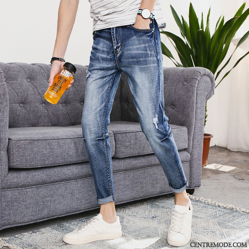 Jeans Homme Tendance Des Trous Dans Les Jeans Extensible Pantalon Collants Slim Bleu