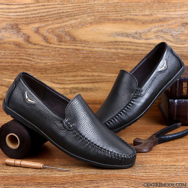 Mocassins Homme Semelle Doux Chaussures En Cuir Sandales Cuir Véritable Été Décontractée Noir