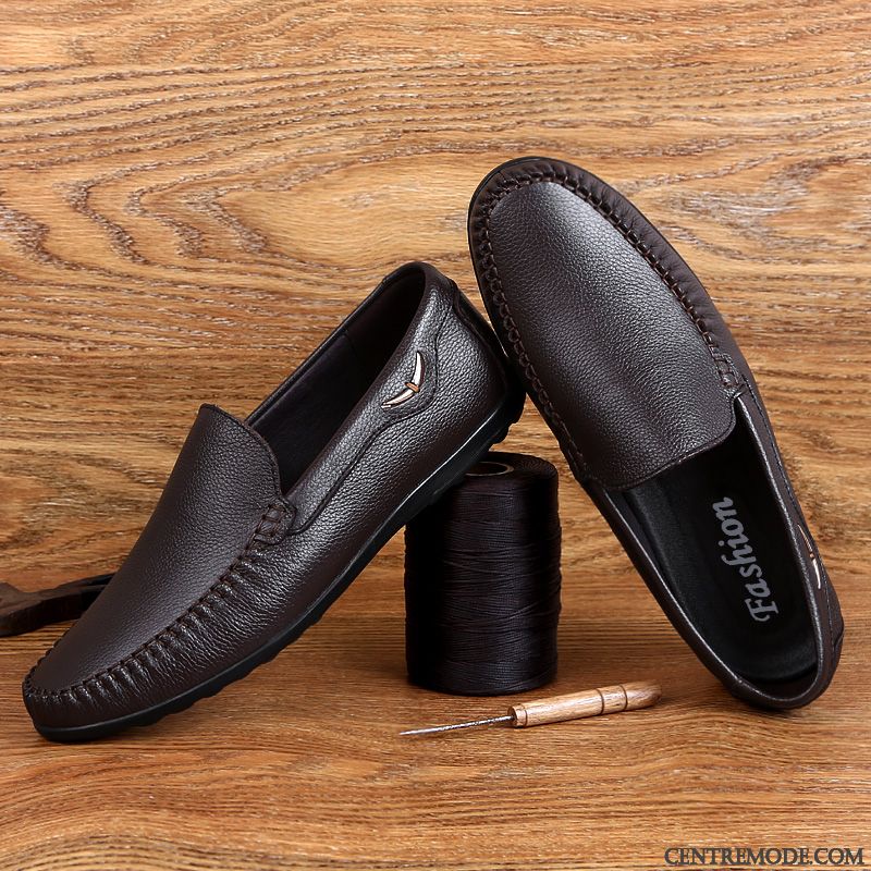 Mocassins Homme Semelle Doux Chaussures En Cuir Sandales Cuir Véritable Été Décontractée Noir
