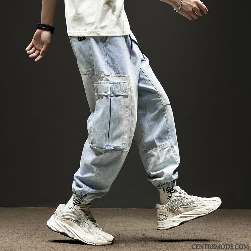 Pantalon Cargo Homme Hip Hop Poche Baggy Marque De Tendance Printemps Jeans Noir Clair