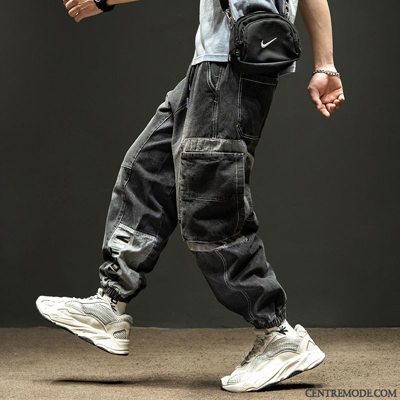 Pantalon Cargo Homme Hip Hop Poche Baggy Marque De Tendance Printemps Jeans Noir Clair