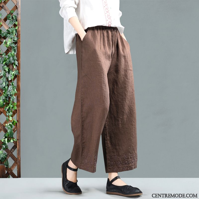 Pantalons Femme Lin Art Collants Printemps Élastique Rétro Gris