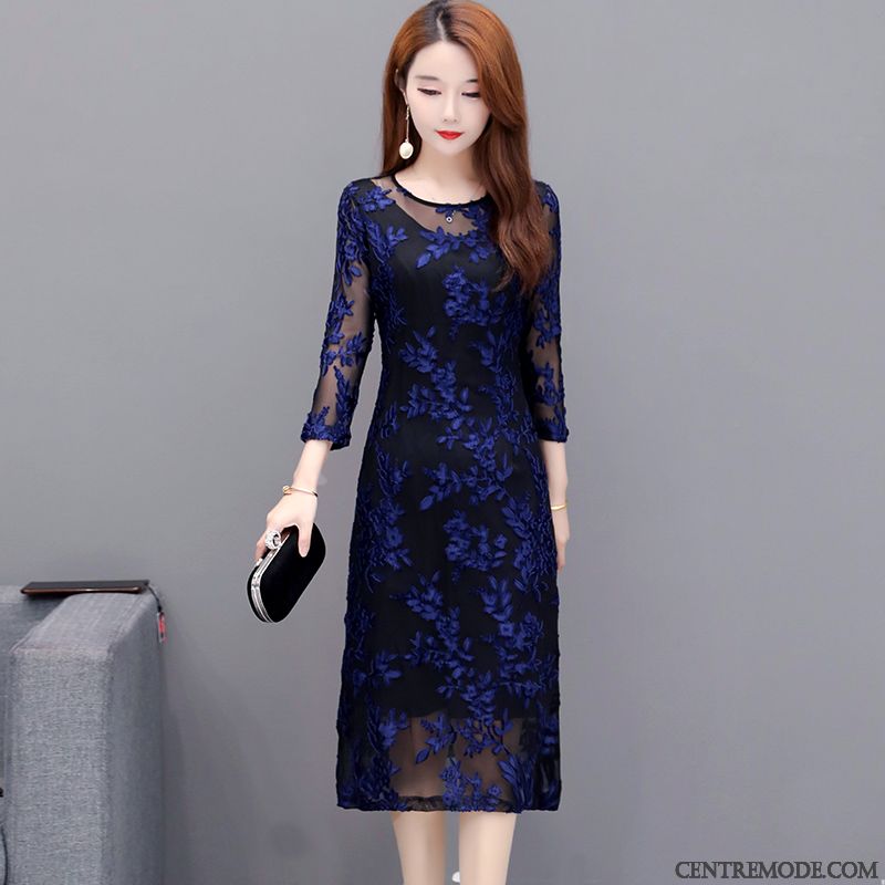 Robes Femme Haute Cintrée Tempérament Style Chinois Printemps Manche Nervurées Bleu