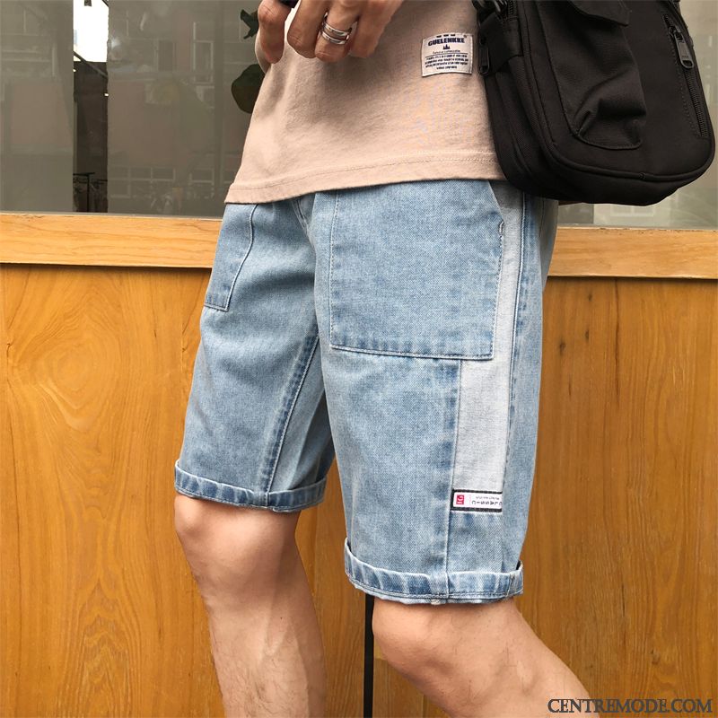 Shorts Homme Troués Pantalon Denim Légère Baggy Été Bleu