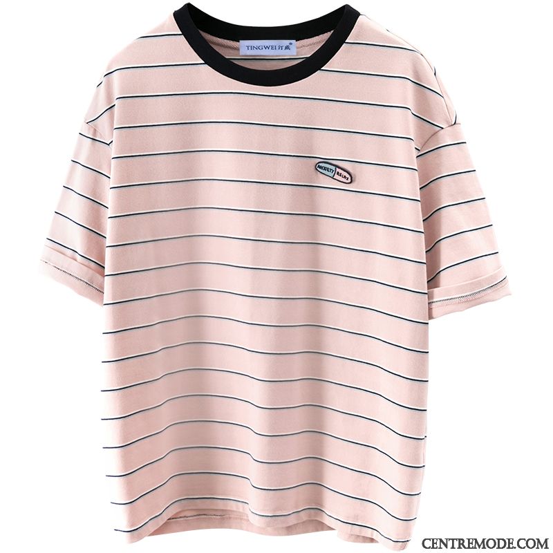 T-shirts Femme Col Rond Courte Épissure Été Une Veste Rayé Couleur De Contraste Coloré Rose
