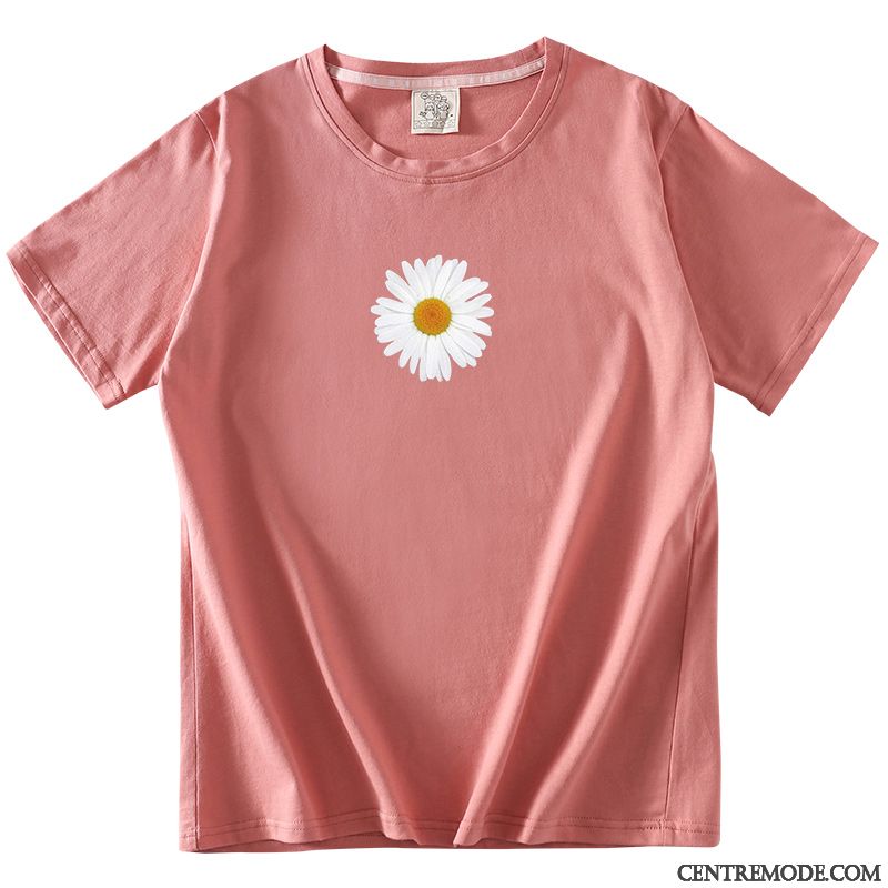 T-shirts Femme Courte Une Veste Rétro Demi Manche Baggy Petite Marguerite Rouge
