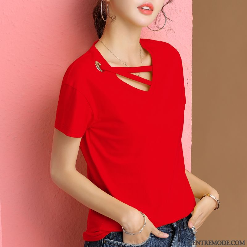 T-shirts Femme Slim Tendance Courte Été Baggy Une Veste Rouge Jaune