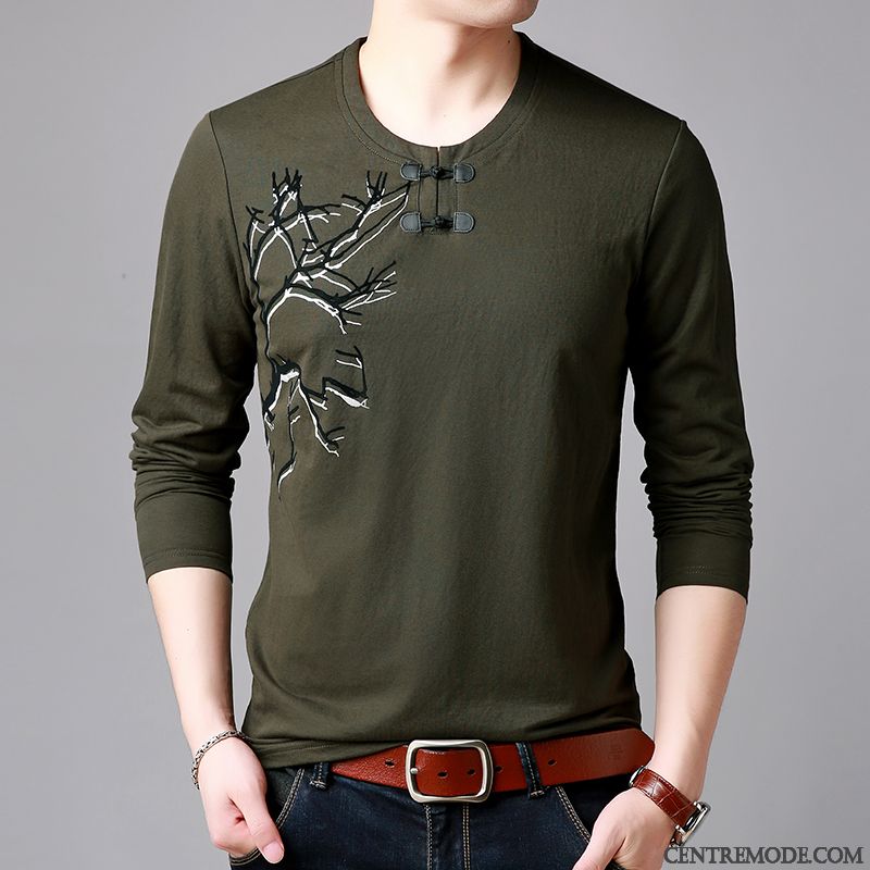 T-shirts Homme Baggy Une Veste Printemps Col Rond Style Chinois L'automne Vert