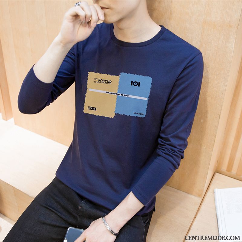 T-shirts Homme Étudiant Col Rond Coton Bio Chemise En Bas L'automne Les Adolescents Impression Bleu