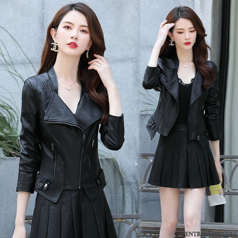 Vestes En Cuir Femme L'automne Tempérament Slim Confortable Élégant Mode Noir
