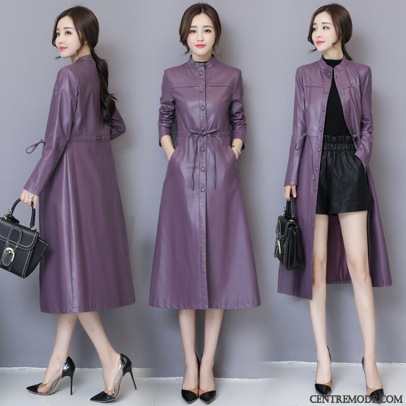 Vestes En Cuir Femme Manteau Coton Cuir Véritable L'automne Coupe Vent Grande Taille Violet
