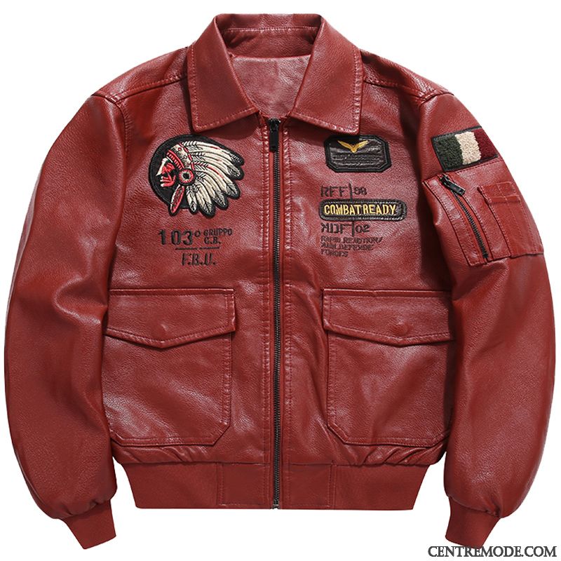 Vestes En Cuir Homme Manteau Jeunesse Pilote Vêtements Moto L'automne Beau Rouge