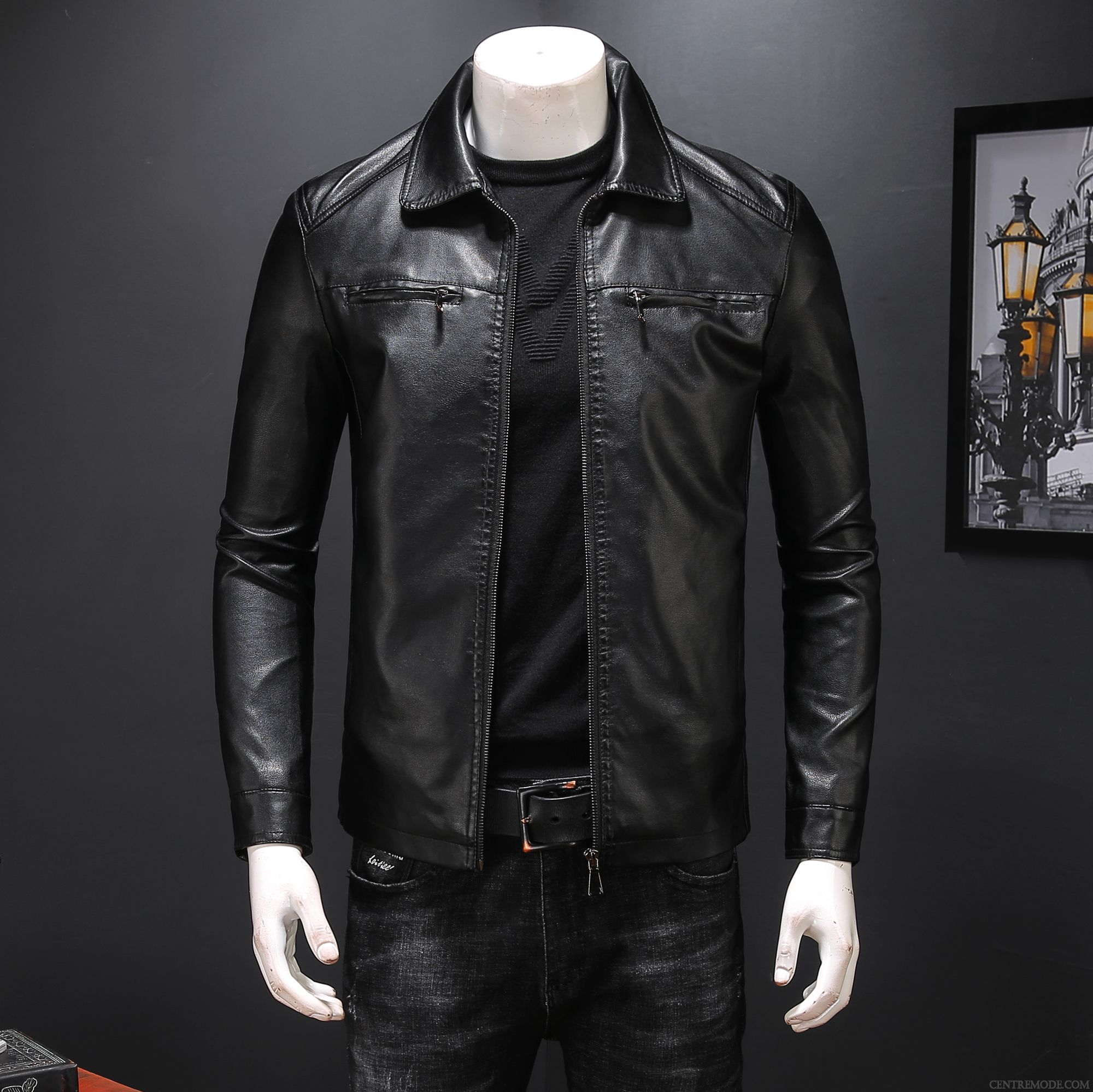 Vestes En Cuir Homme Slim Légère Veste En Cuir Vêtements Moto Manteau L'automne Noir