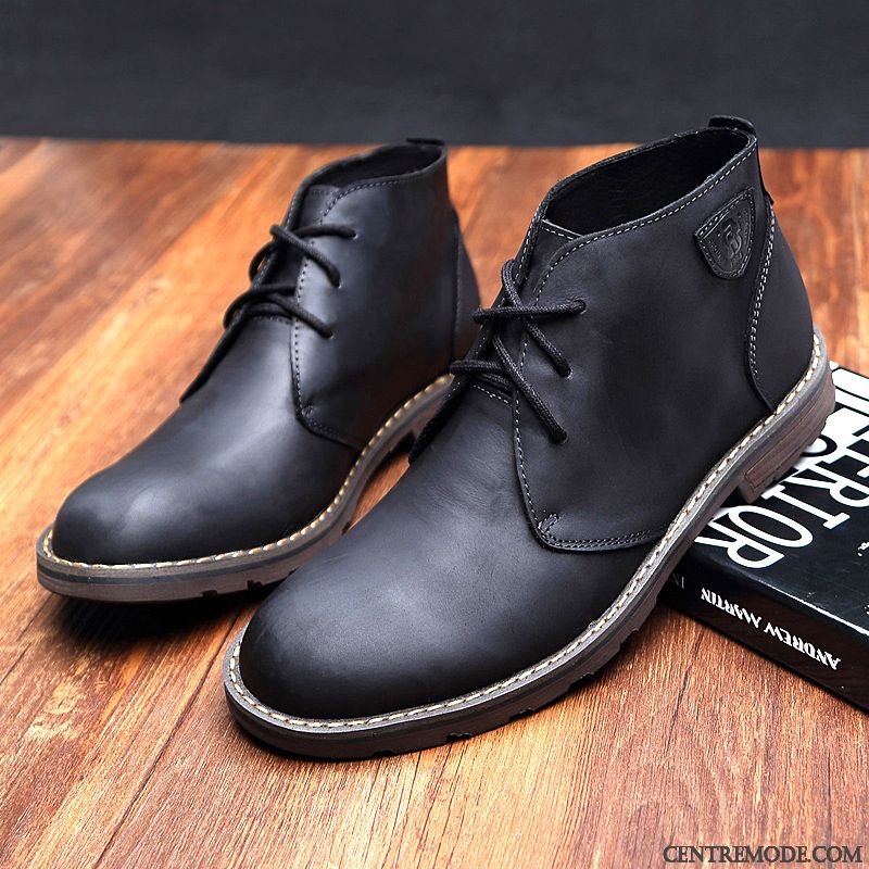 Bottes Homme Semelle Épaisse Chaussures De Travail Bottes Martin Laçage Décontractée Cuir Véritable Noir