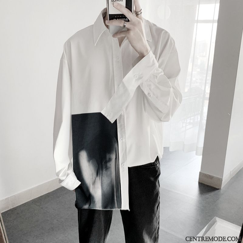 Chemises Homme Désign Courte Simple Impression Blanc